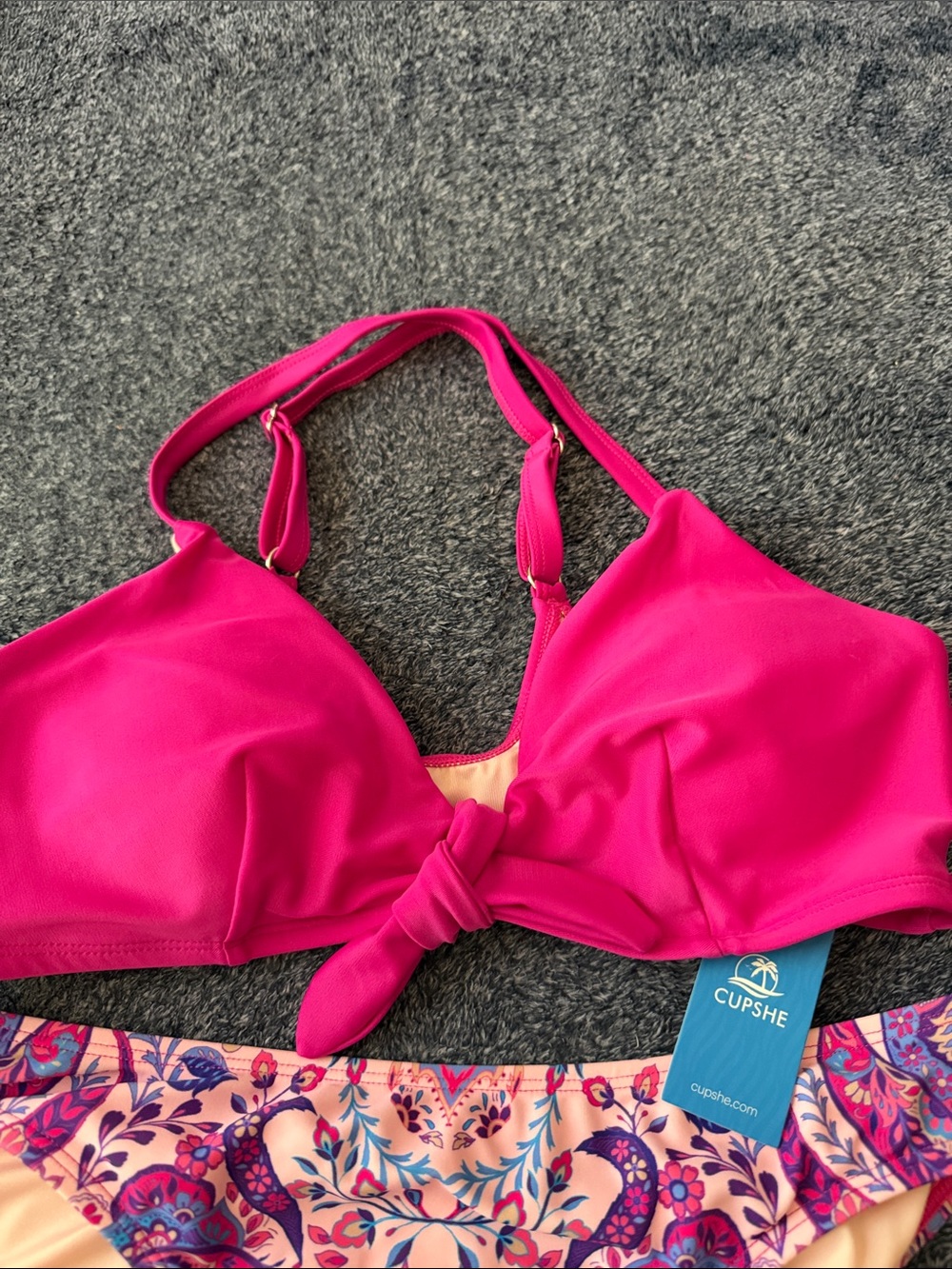 Cupshe Hot Pink Knot-Front Bikini with Multicolor Paisley Bottoms - Picture 2 of 5